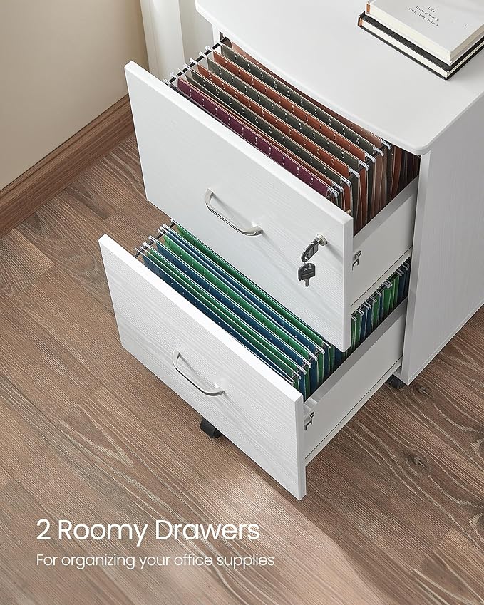 VASAGLE 2-Drawer File Cabinet Locking Filing Cabinet for Home Office Small Rolling Printer Stand A4 Letter-Size Hanging Files Assembly Required Snow White ULCD027T46V2