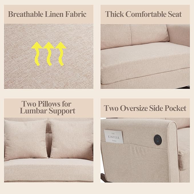 HOMREST Rocking Chair Upholstered Nursery Rocking Chair with High Back and Side Pocket USB Port Double Wide Rocker Glider Chairs with Wood Legs for Living Room Bedroom Nursery Beige