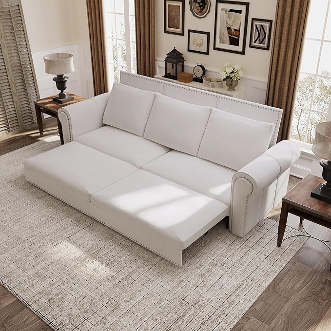 93.7 King Pull Out Sofa Bed Velvet Convertible Sleeper Couch with Nailhead Trim Oversized Mid Century Modern Chesterfield Sofa Sleeper Sectional Couch for Living Room Beige
