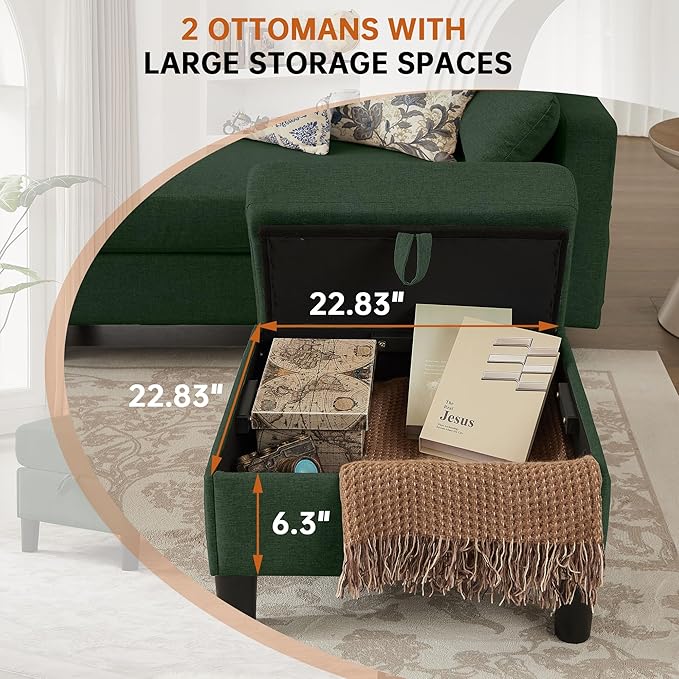 Sectional U Shape Sofa with Storage 100 U Shaped 4 Seater Couch with 2 Movable Ottoman Chaises Polyester Fibre for Living Room Green