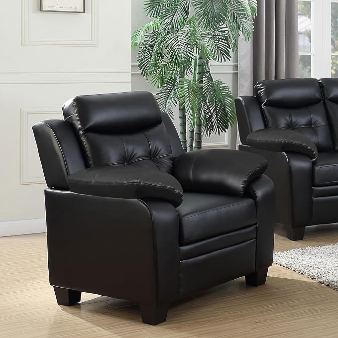 BOWERY HILL Contemporary Tufted Upholstered Accent Chair Black Leatherette 40 H x 39.5 W x 36 D Plush Headrest and Armrests Solid Wood Frame Stylish Living Room or Office Seating