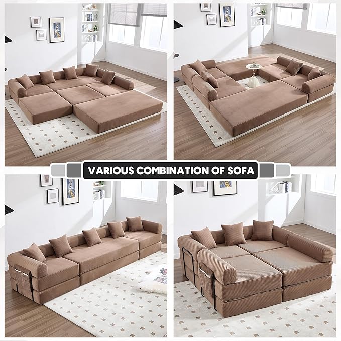 106.3 Oversized L Shaped Convertible Sleeper Sofa Bed Corduroy Modular Folding Sectional Sofa with Cylindrical Pillow &amp Storage Bags Modern Floor Mattress Couch for Living Room Brown