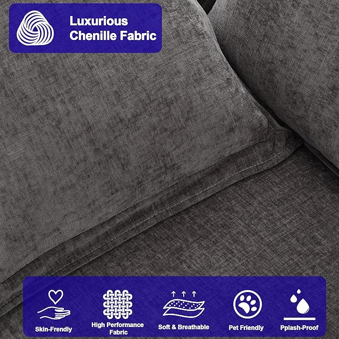 112 Inch Dark Grey Cloud Sectional Couch - Wide Pillow Edge Chenille Comfy Upholstered 3 Seater Modular Sofa with Ottoman L Shaped Couches for Living Room Apartment Office