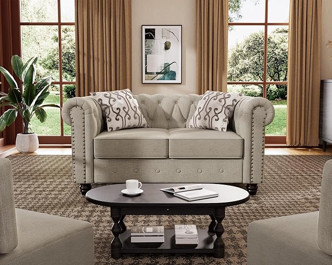 Morden Fort Classic Chesterfield Loveseat Set 60'' Tufted Loveseat Sofa Set with Solid Wood Legs Thick Cushion Pet-Friendly Deep Seat Sofa Couch for Living Room Bedroom Apartment - Linen Beige