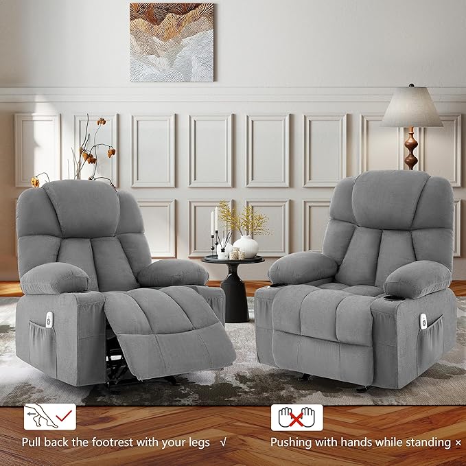 Massage Rocker Recliner Chair Ergonomic Rocking Recliner Sofa with Vibration Massage &amp Heat Reclining Fabric Nursery Chair for Living Room Lounge with 4 Pockets 2 Cup Holders Grey