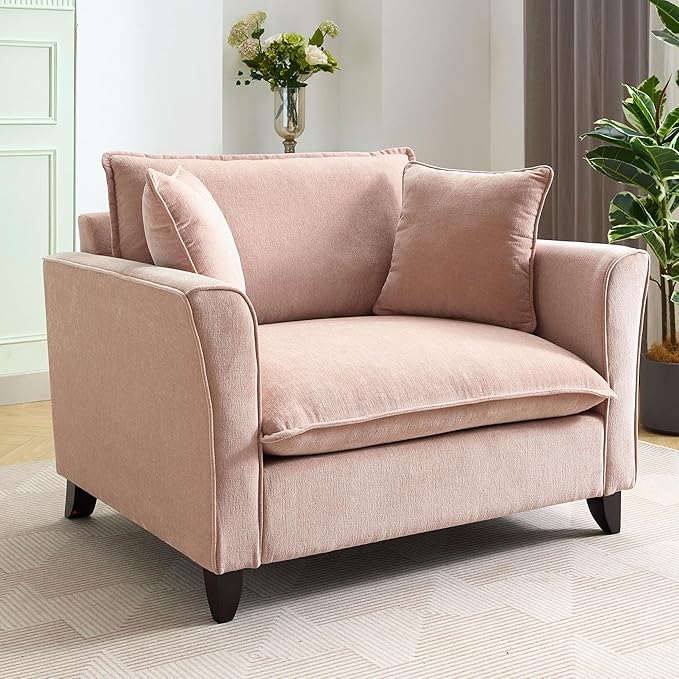 Oversized Accent Chair Chenille Fabric Armchair with Pillow Comfy Single Sofa with 46.3 Wide Seat Cushion Rubberwood Legs Elegant Ruffled Armrests Lounge Chair for Living Room Office (Pink/45)