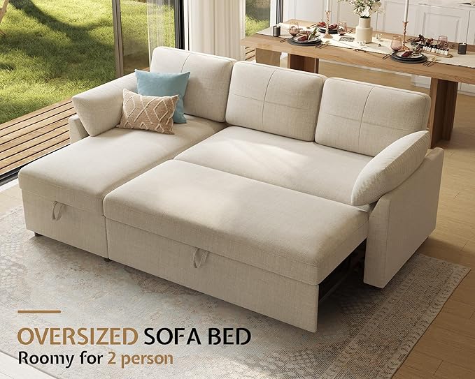 PaPaJet Sofa Bed Sleeper Sofa with Storage Chaise L Shaped Sofa with Pull Out Bed Oversized Sofas for Living Room Beige