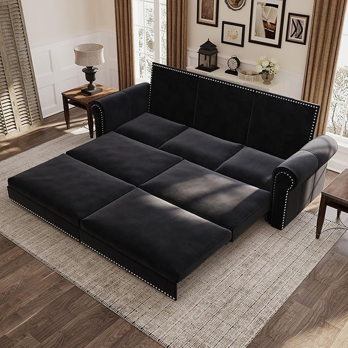 93.7 King Pull Out Sofa Bed 3 in 1 Convertible Sleeper Sofa 3 Seat Couch with Nailhead Trim &amp Rolled Arm for Living Room Apartment Office Black Velvet