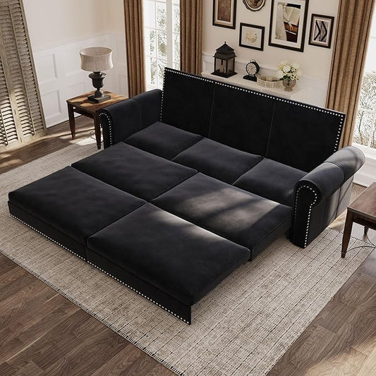 93.7 King Pull Out Sofa Bed 3 in 1 Convertible Sleeper Sofa 3 Seat Couch with Nailhead Trim &amp Rolled Arm for Living Room Apartment Office Black Velvet