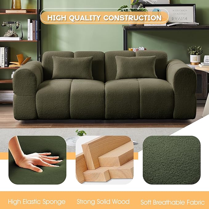 80 Modern Sofa Couch Comfy Deep Seat Lambswool Cloud Sofa Upholstered 3-Seater Boucle Couch Oversized Loveseat for Living Room Bedroom Office Apartment(Green)