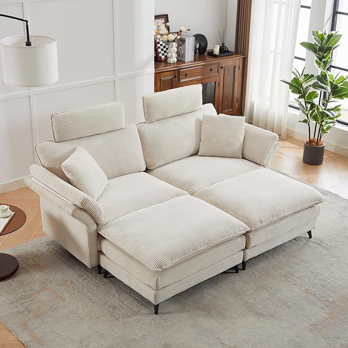 Deep Seat Sectional Sofa Comfortable Cloud Sofa with Ottomans loveseat Sofa 85.8''Modern Corduroy Upholstered Sectional Sofa for Living Room Apartment Studio Office (Beige)