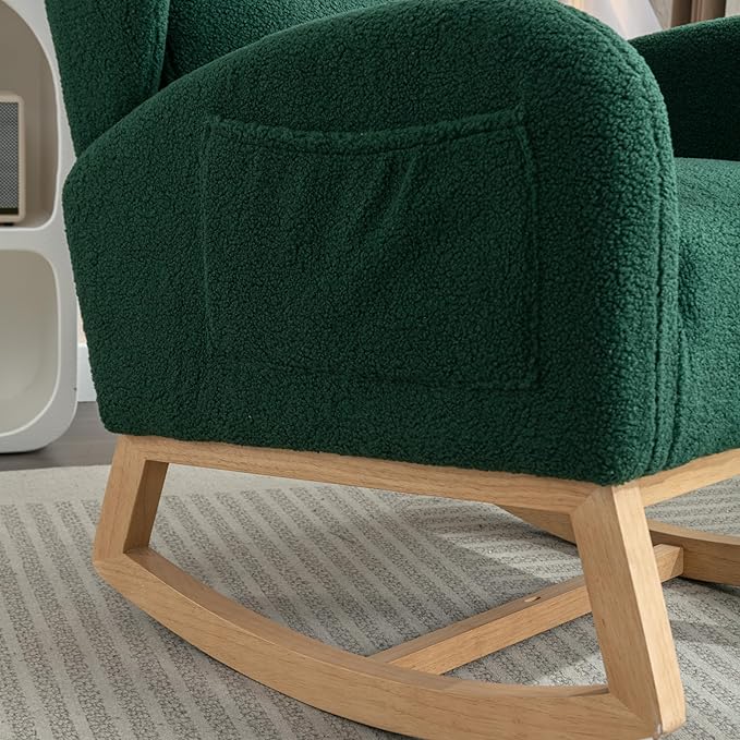 Setawix Teddy Rocking Glider Chair for NurseryUpholstered Living Room Rocker Arm ChairLeisure Sherpa Wingback ArmchairMid Century Modern Rocking Accent Chair with Side Pockets (Wingback Green)