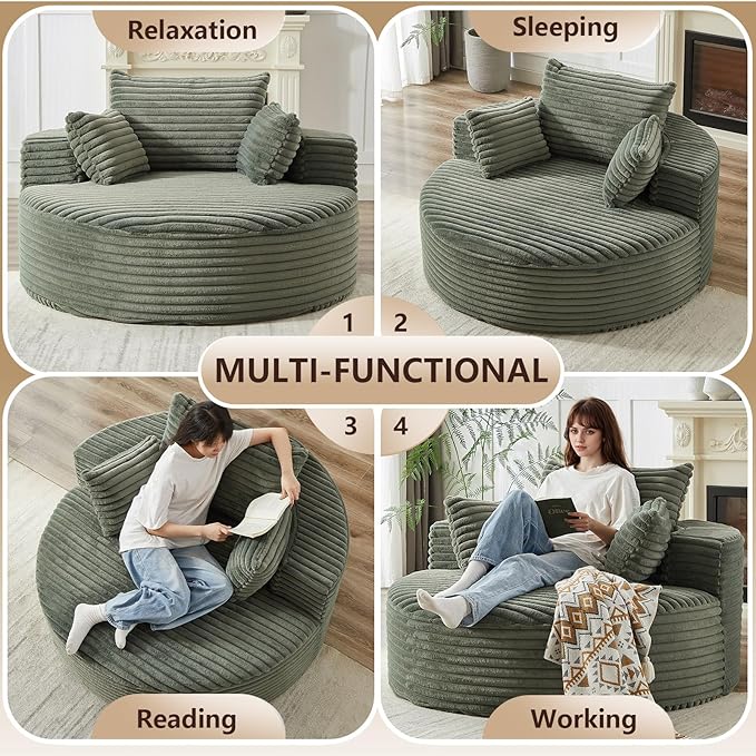 Oversized Round Chaise Lounge Chair Indoor 55'' Corduroy Deep Seat Circle Single Floor Sofa Chairs Modern Upholstered Sponge Armchair Cloud Sleeper Chair for Living Room Bedroom Apartment Green