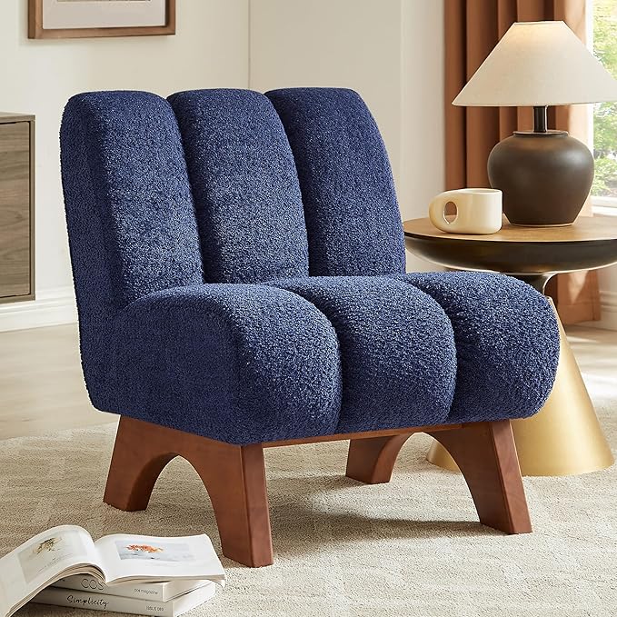 Art Leon Modern Accent Chair Sherpa Fabric Modular Single Sofa Chair Armless Chair with Wooden Legs for Living Room Bedroom Blue