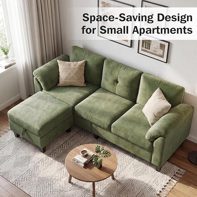 WEUP 79 Convertible Sectional Couch with Storage Ottoman L Shaped Small Sofa 4 Seat Couches for Living Room Apartment Small Space Green