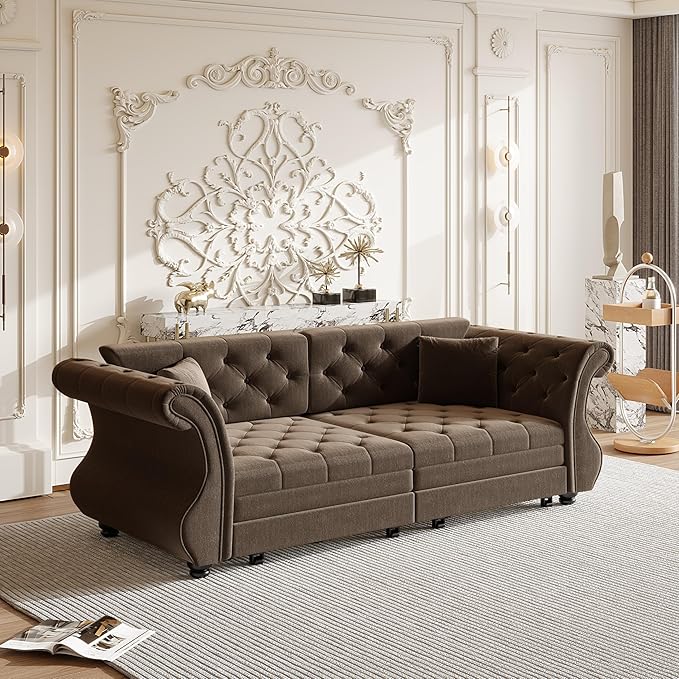 KEIKI 83.8 Classic Chesterfield Sleeper Sofa for Small Spaces Pull Out Velvet Couch with Rolled Arms Elegant Tufted Design