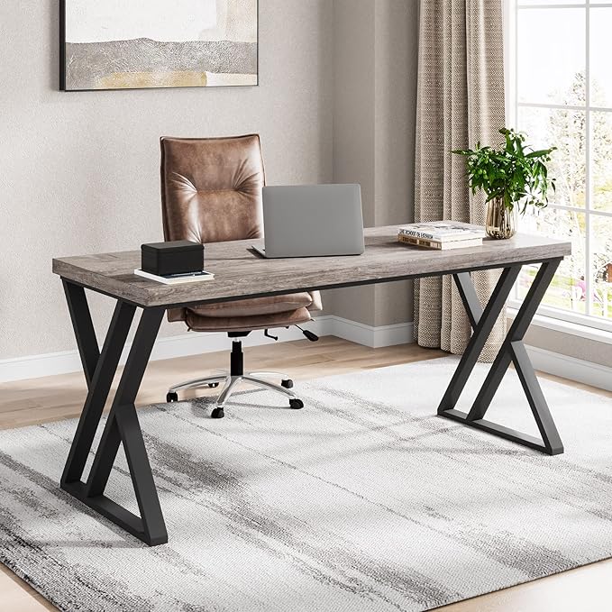 Tribesigns Writing Computer Desk 55 inch Heavy Duty Study Desk with Z-Shaped Metal Leg Modern Simple Home Office Computer Desk Grey
