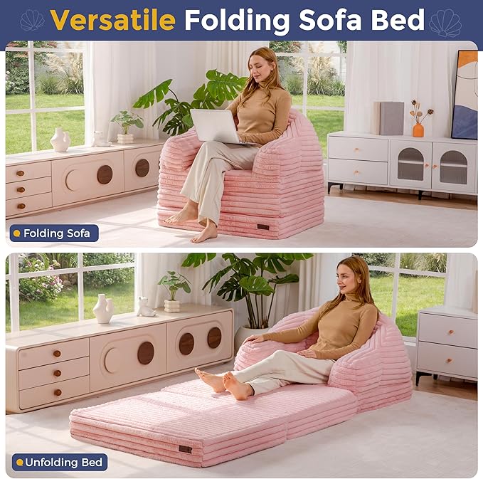 MAXYOYO Folding Sofa Bed 2 in 1 Convertible Sofa to Lounger Comfy Faux Fur Bean Bag Chair for Adults Floor Single Sleeper Couch Chair with Handle Couch Bed for Living Room Bedroom Pink