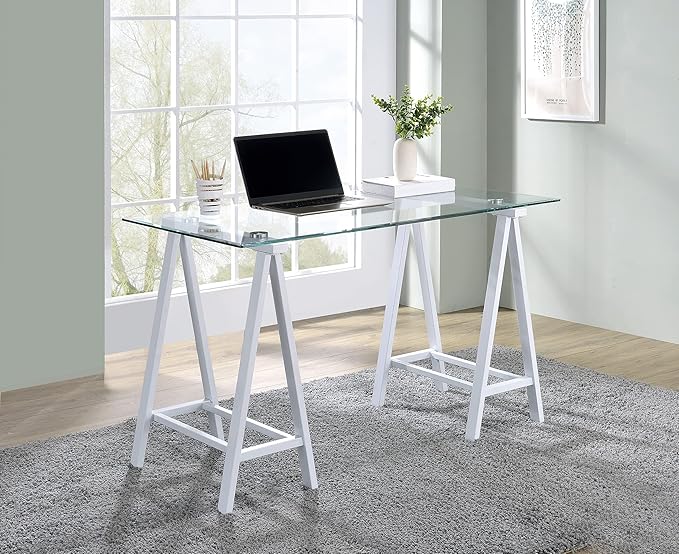 OSP Home Furnishings Middleton 47 Inch Desk with Clear Beveled Glass Top White Base