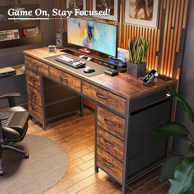 PRAISUN 54 Inch Office Desk with Outlets Computer Desk with 9 Fabric Drawers Writing Gaming Work Study Desk for Bedroom Living Room Home Office Large Storage Rustic Brown