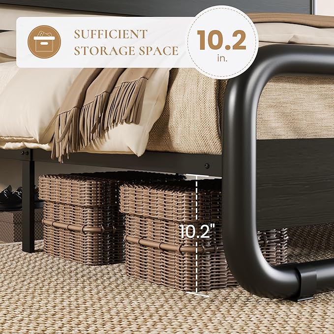 SHA CERLIN Full Size Metal Bed Frame with Wooden Headboard and Footboard Heavy Duty Oval-Shaped Platform Bed Frame with 10 Under-Bed Storage Noise Free No Box Spring Needed Black