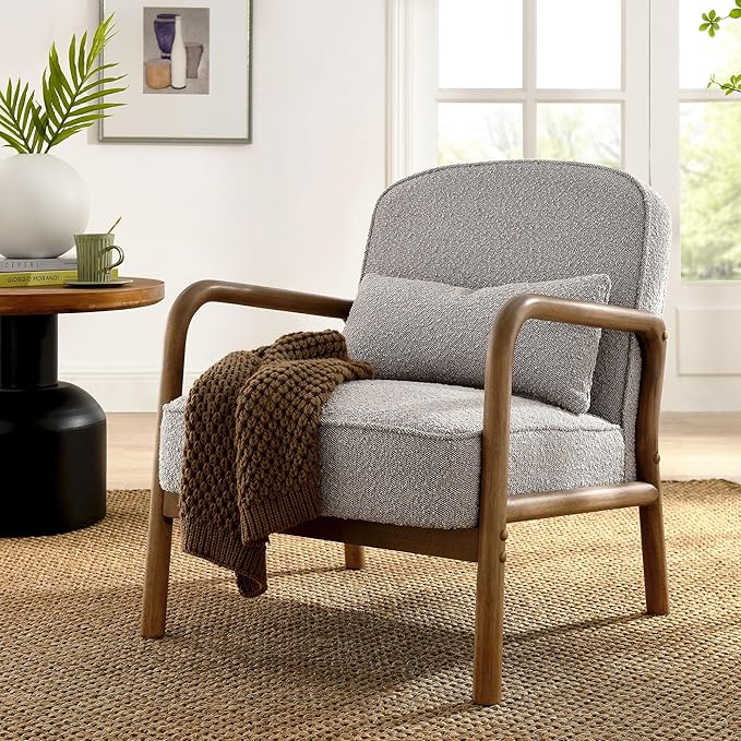 Modway Charlie Boucle Upholstered Wood Accent Armchair in Taupe – Mid-Century Modern Chair with Cushion – Cozy Reading Chair with Solid Wood Frame – Fabric Upholstered Armchair for Living Room