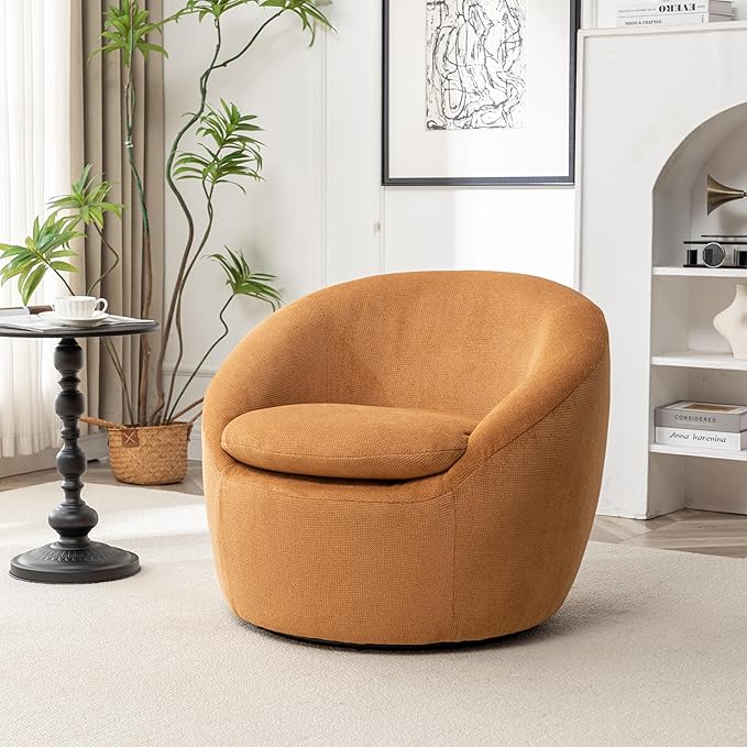 360°Swive Decorative ChairModern Comfortable Barrel Chair Reading Chairs for Living RoomBedroomDressing RoomYellow Linen