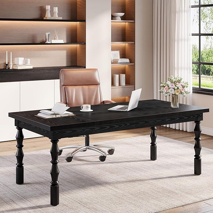 Tribesigns Large Executive Office Desk 62.2-Inch Farmhouse Modern Computer Desk Mid Century Study Writing Table Workstations Business Office Furniture with Carved Turned Legs (Black)