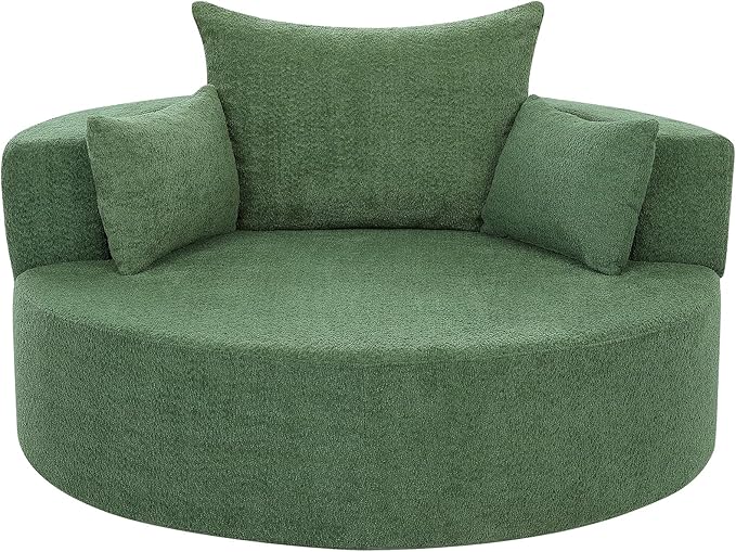 Oversized Round Swivel Chaise Modern 360°Swivel Barrel Chair with 3 Pillows Comfy Chenille Chaise Lounge Chair Indoor Single Cloud Circle Sofa for Living Room Bedroom Office (Green)