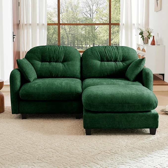 JULYFOX Loveseat Sofa and Ottoman Set 74 inch Wide Corner Sectional Couch L Shaped Chenille Fabric Sofa for Small Spaces(Green Loveseat and 1 Piece of Ottoman)