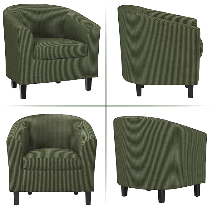Topeakmart Corduroy Club Chair Modern Accent Chair and Cozy Barrel Chair with Sturdy Wood Legs for Living Room Bedroom Reception Room Dark Green