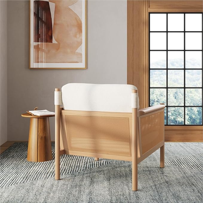 Nathan James Hemming Upholstered Armchair Solid Wood Accent Chair with Boucle Upholstery and Faux Rattan Arm Inlay Cream/Raw Oak Set of 2