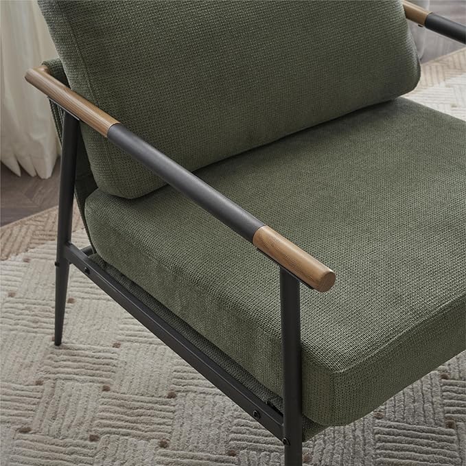Upholstered Mid Century Lounge Chair Reading Armchair Chenille Fabric Modern Arm Chair with Metal e Accent Chair for Living Room Green