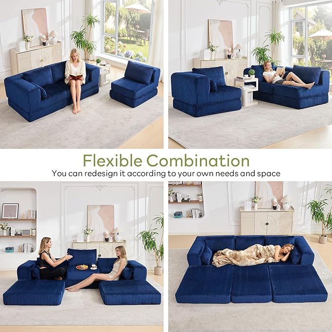 STHOUYN 106 Corduroy Folding Convertible Sleeper Sofa Bed Blue Pull Out Floor Modular Couch with Pillow Memory Foam Boneless Couchs Sectional for Living Room Bedroom (3 Navy Blue)