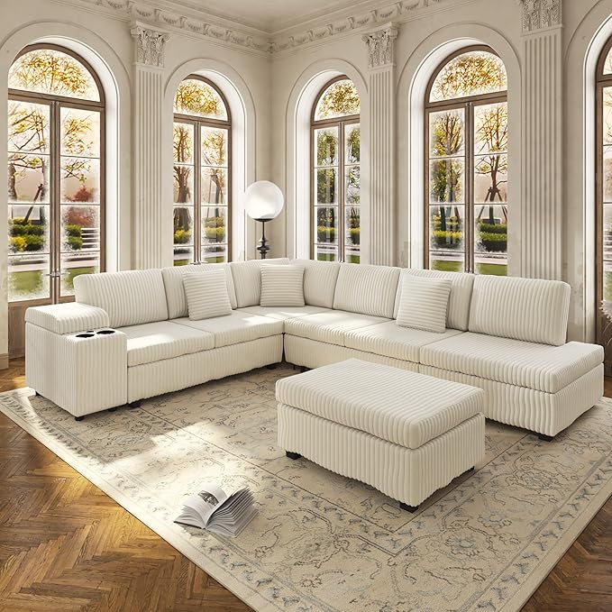 KEIKI 110 L-Shaped Oversized Plush Corduroy Modular Sectional Sofa with Pull-Out Bed Convertible 6-Seater Sleeper Couch Bed with 1 Ottomans &amp USB &amp Cup Holders Easy Assembly for Living Roo