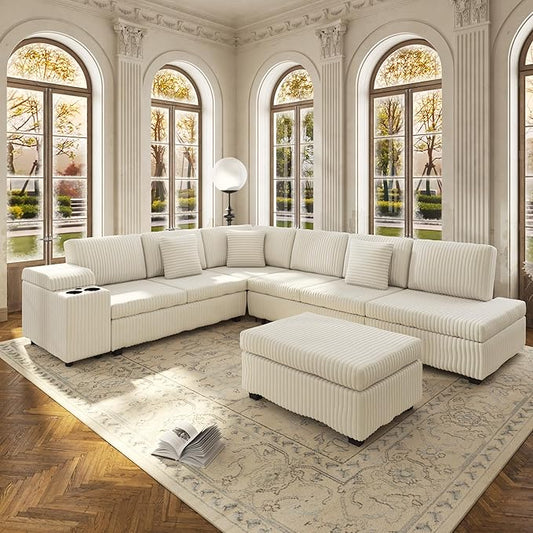 KEIKI 110 L-Shaped Oversized Plush Corduroy Modular Sectional Sofa with Pull-Out Bed Convertible 6-Seater Sleeper Couch Bed with 1 Ottomans &amp USB &amp Cup Holders Easy Assembly for Living Roo