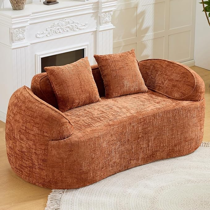 67 Curved Loveseat Sofa with 2 Pillows Modern Boneless Couch in a Box Small Cloud Loveseat for Bedroom Small Space Apartment Living Room Memory Foam Chenille No Assembly (Orange)