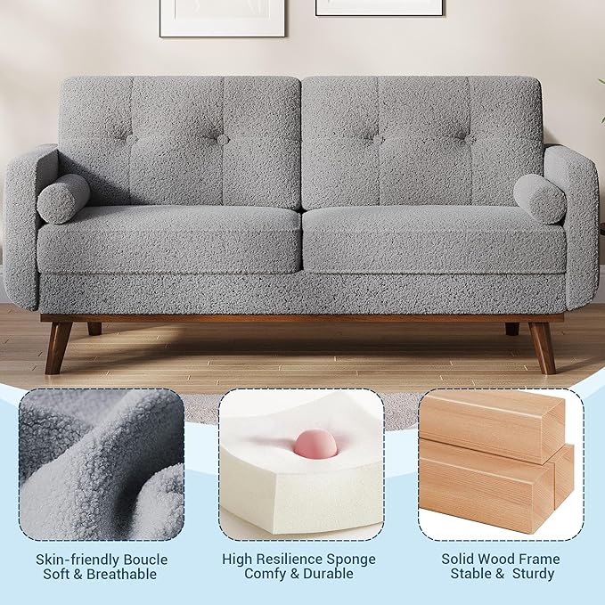 IDEALHOUSE 65 Mid Century Modern Couch Sofa Loveseat Comfy Love Seat Couches for Living Room 2 Seater Teddy Fleece Boucle Upholstered Deep Seat Couch for Bedroom Office Small Space Grey