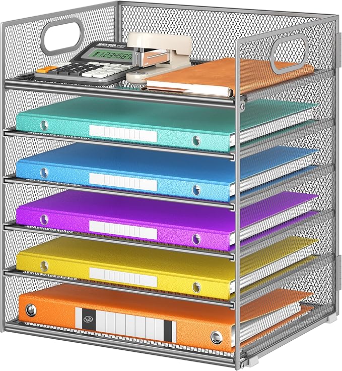 6 Tray Paper Organizer Letter Tray with Handle - Mesh Desk File Folder Holder Paper Sorter for Office Home or School - Silver