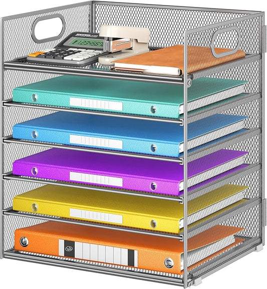 6 Tray Paper Organizer Letter Tray with Handle - Mesh Desk File Folder Holder Paper Sorter for Office Home or School - Silver