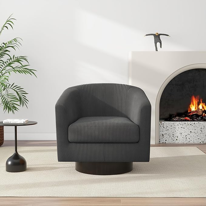 Swivel Barrel Accent Chair Modern Round Corduroy Fabric Arm Chair for Living Room Bedroom Comfy Club Reading Chairs for Adults (Corduroy Grey Set of 1)