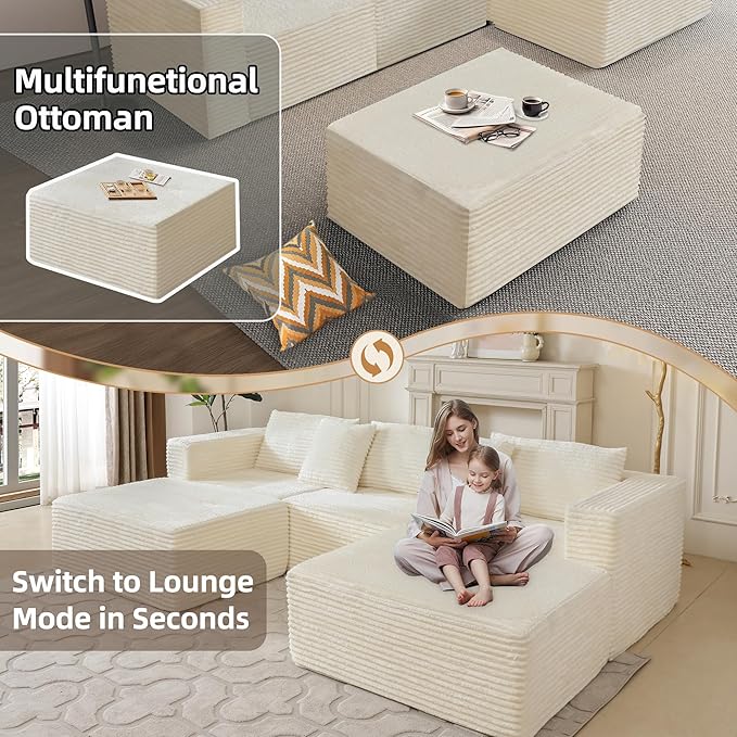 110 Modular Sectional Boneless Sofa with 2 Ottomans Corduroy U-Shaped Modular Sectional Sofa Convertible Cloud Couch with Deep Seats No Assembly Required (White 110 3Seat+2 0ttoman)