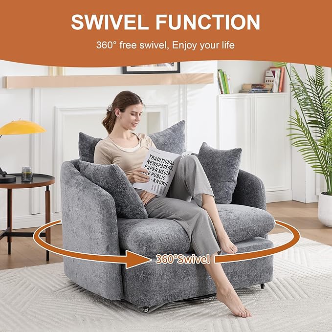 360 Degree Swivel Accent Chair Oversized 37.8 inch Extra Wide Barrel Swivel Chairs with Deep Seat for Living Room Club Reading Bedrooms (Light Grey)