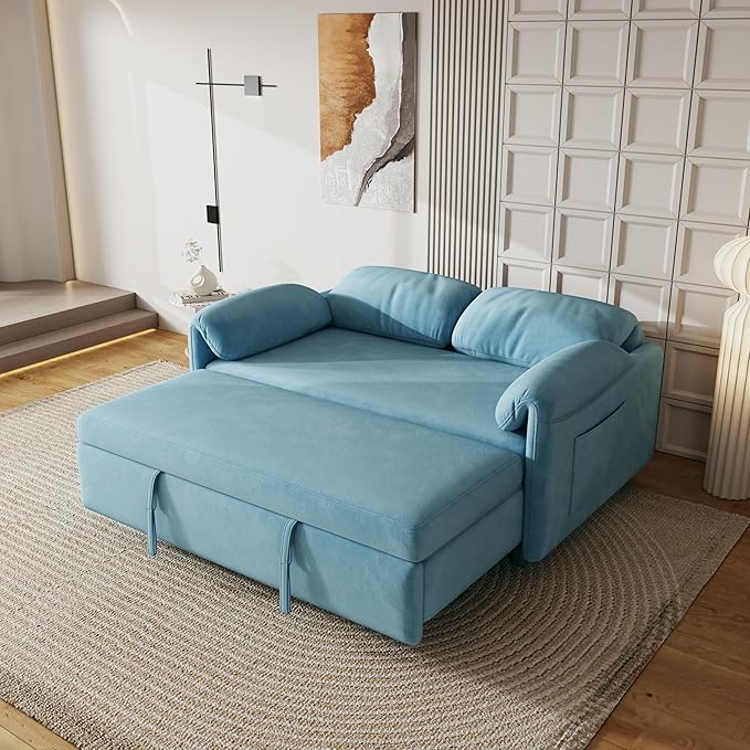 KEIKI 3 in 1 Convertible Pull Out Sofa Bed with Adjustable Backrest &amp Side Pockets Velvet Recliner Couch Sleeper Sofa Chair for Living Room Small Spaces Full Blue