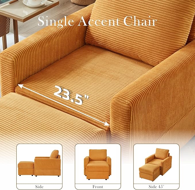 Aoiy &amp Wifon Accent Chair with Ottoman Upholstered Reading Chair with Ottoman Comfy Armchair with Wooden Legs Corduroy Orange