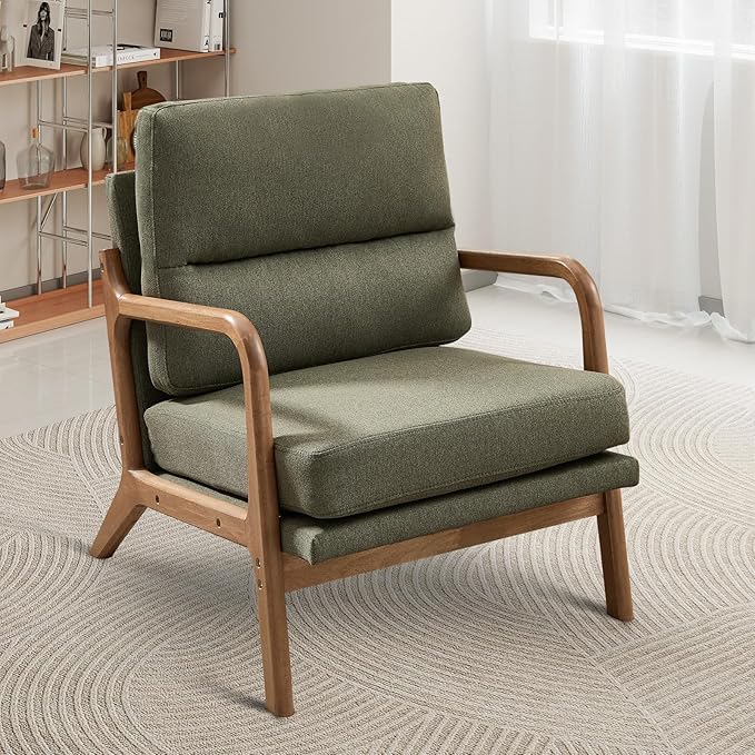 Mid Century Accent Chair Modern Living Room Chairs with Solid Wood Frame Reading Relaxing Armchair for Adults Lounge Chair for Living Room Bedroom Waiting Room-Green