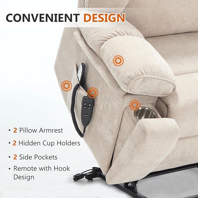 Oversized Power Lift Recliner Chair for Elderly Dual Motor Lift Chair with Vibration Massage &amp Lumbar Heating Standing Assistance Recliner with Cup Holders for Living Room - Chenille Fabric Bei
