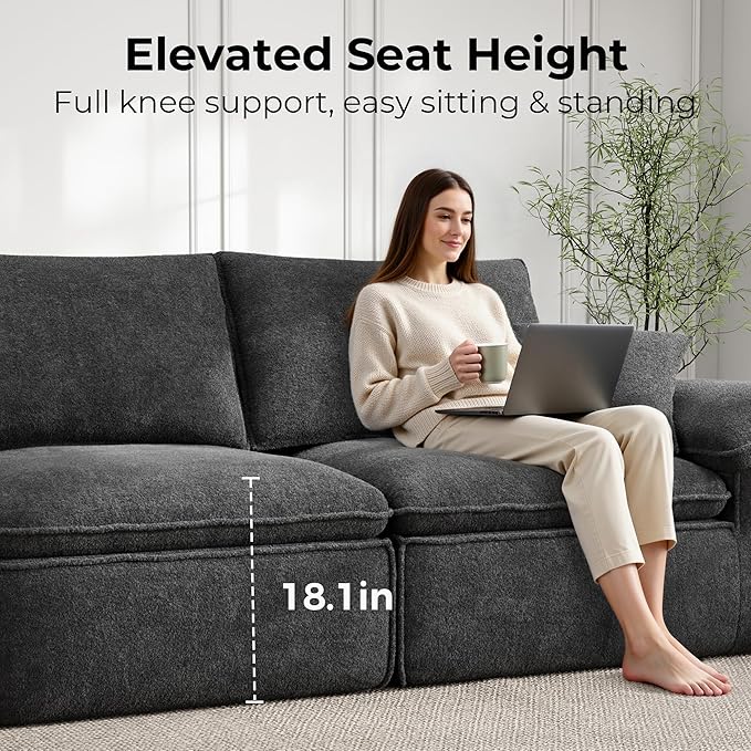 LIKIMIO 120 L-Shaped Modular Sectional Sofa Cloud Sectional Couch with Deep Seat Comfy Teddy Upholstery Oversized 3-Seater with Ottoman Boneless Couch for Living Room No Assembly Dark Grey