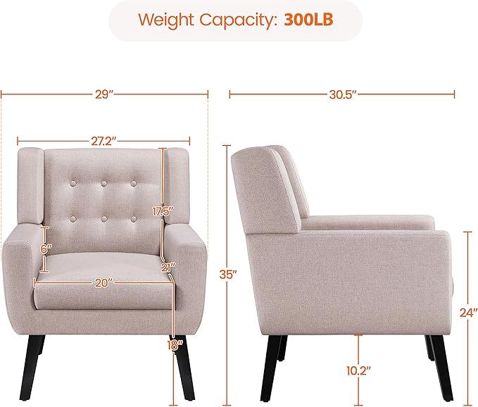Yaheetech Accent Chair Modern Button Tufted Armchair Linen Fabric Sofa Chairs for Living Room Bedroom Mid-Century Comfy Reading Chair Beige