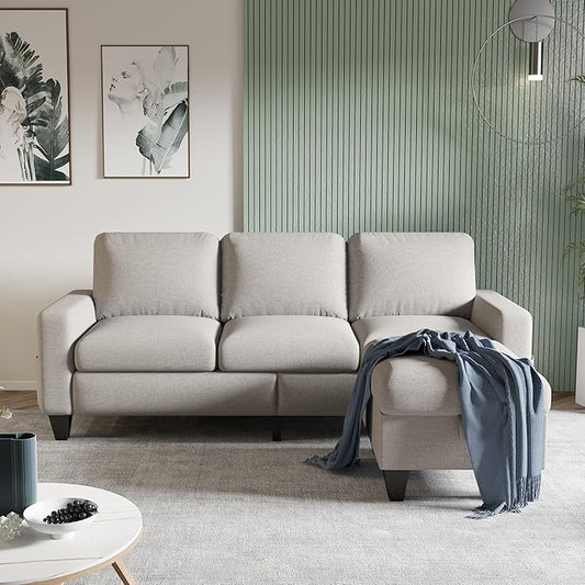 Convertible Sectional Sofa L-Shaped Couch Beige Couches for Living Room with Reversible Chaise 3-Seat Modern Linen Sectional Couches for Living Room/Apartment/Office/Small Space